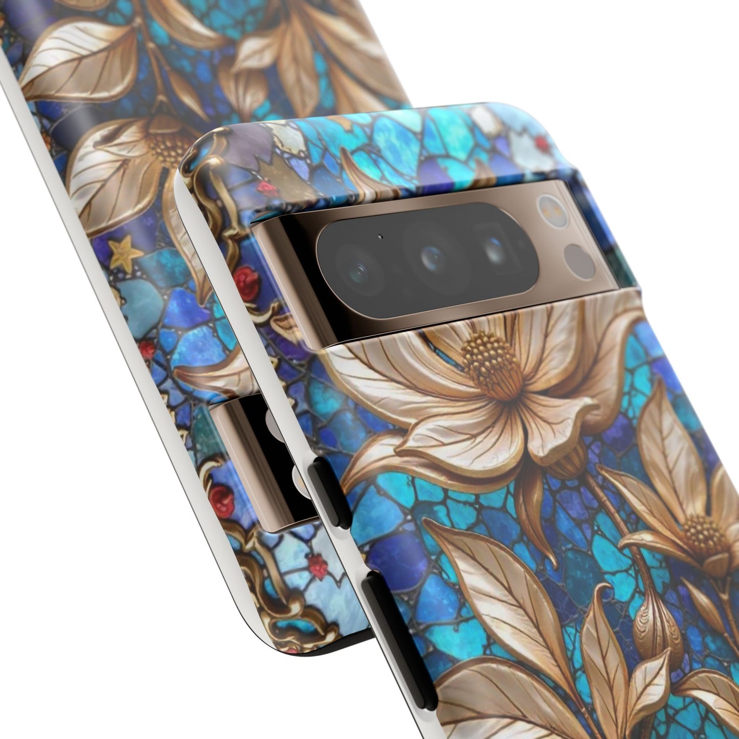Golden Blossoms on Mosaic Blue Elegance