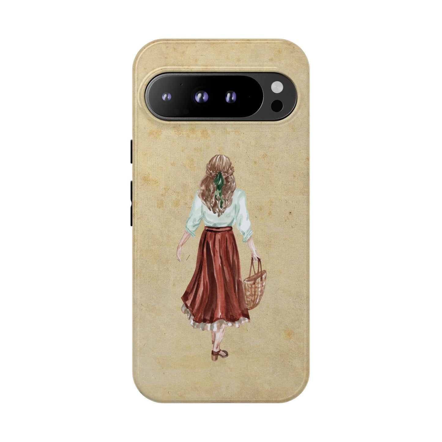 Minimal Vintage Girl with Bag Phone Case – Aesthetic Beige Design for iPhone, Samsung & Google Pixel