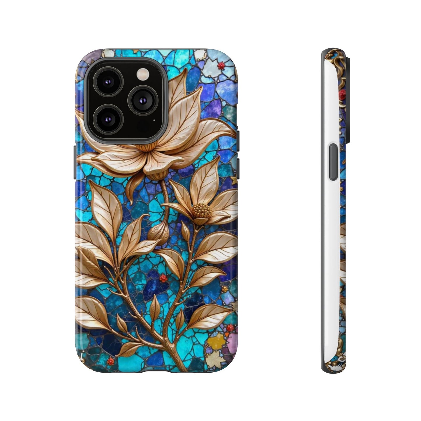 Golden Blossoms on Mosaic Blue Elegance