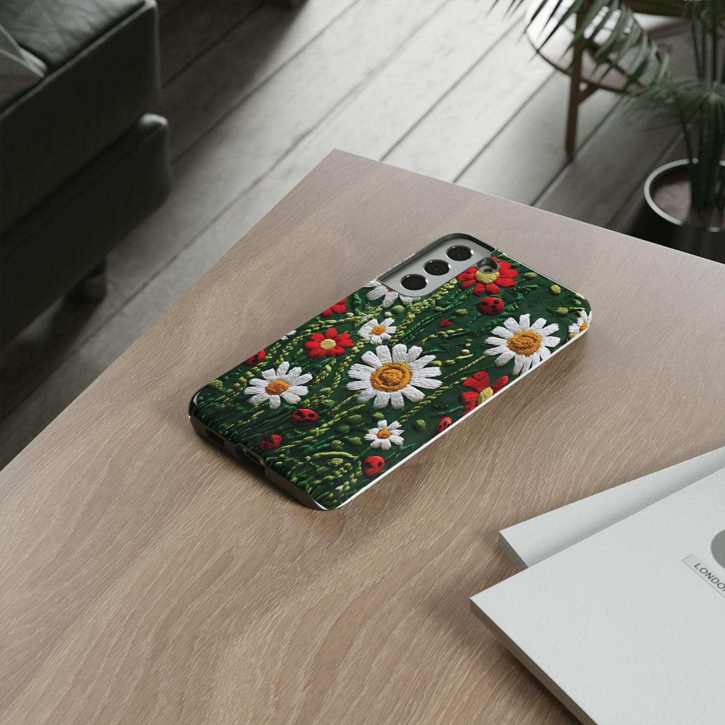 Knitted Pattern With Diamonds And Festive Motifs On Navy phone case design.
