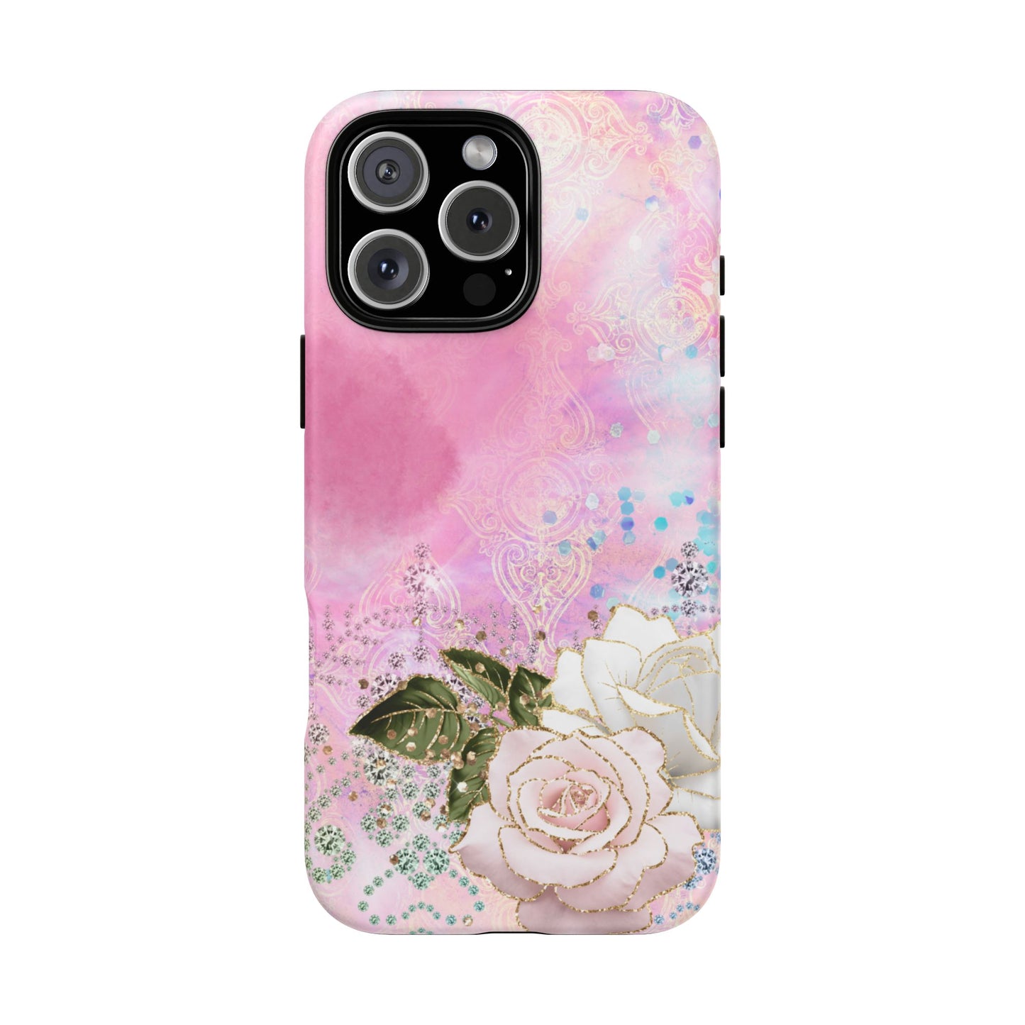 Luxury Pink & White Rose Glitter Mobile Case – Elegant & Shimmering Design