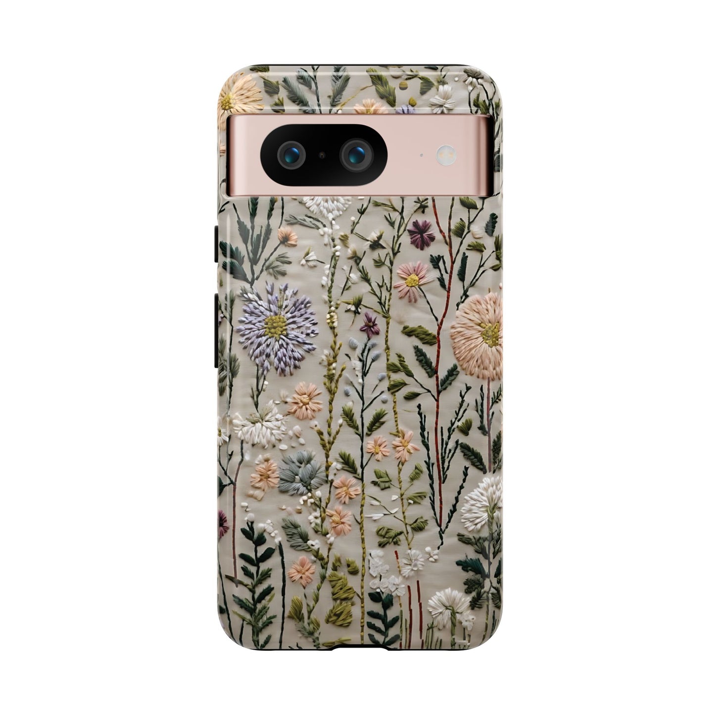 Intricate Embroidery Artwork Featuring Botanical Elements On Beige phone case design.