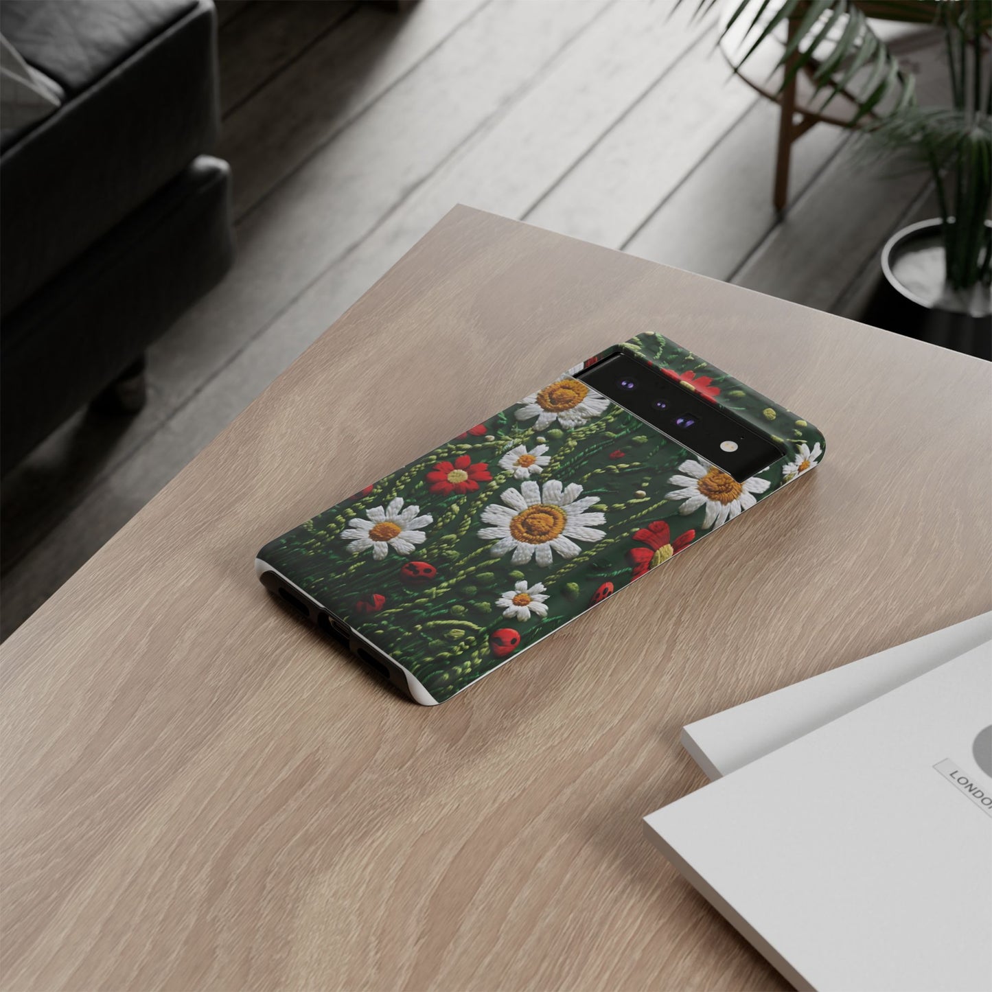 Knitted Pattern With Diamonds And Festive Motifs On Navy phone case design.