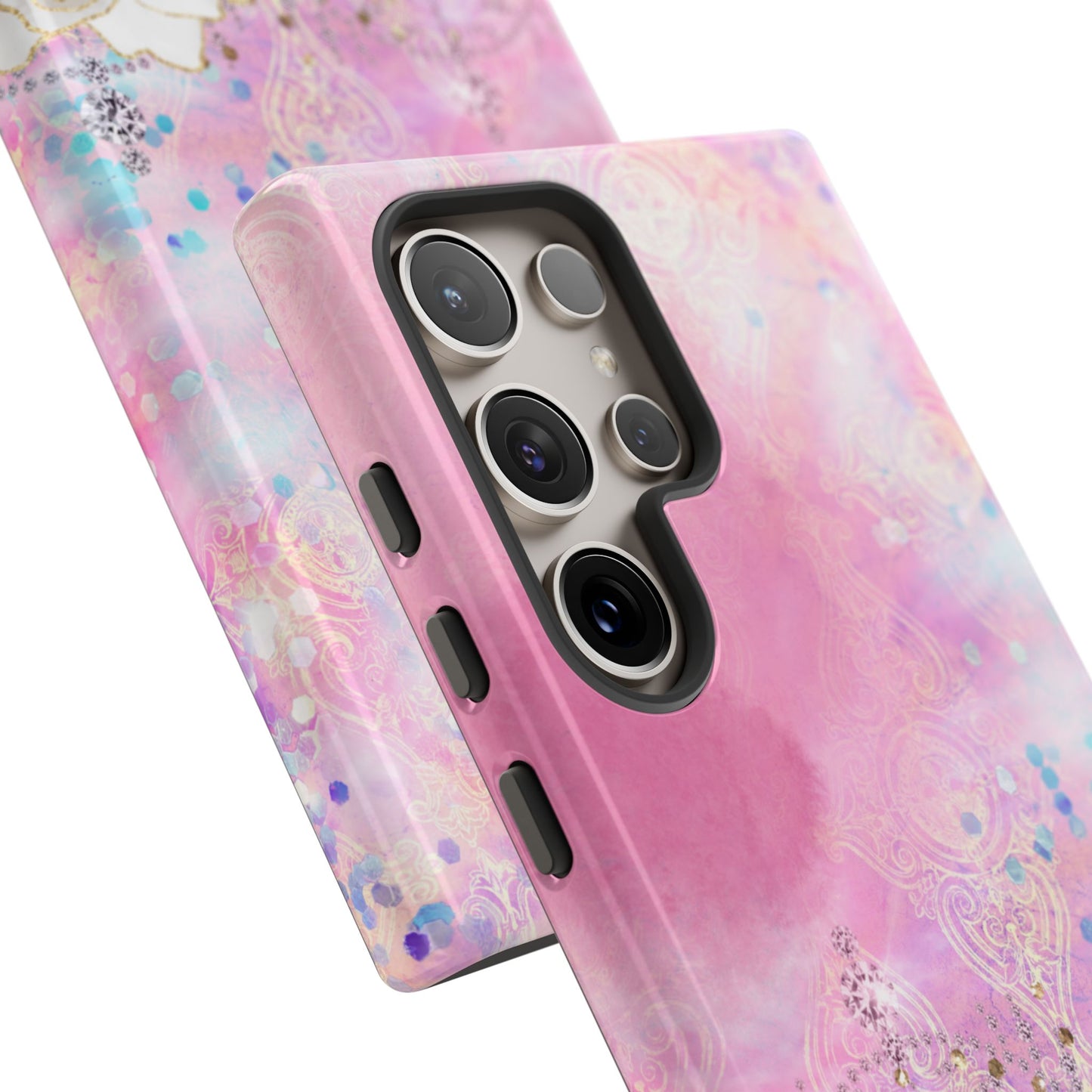 Luxury Pink & White Rose Glitter Mobile Case – Elegant & Shimmering Design
