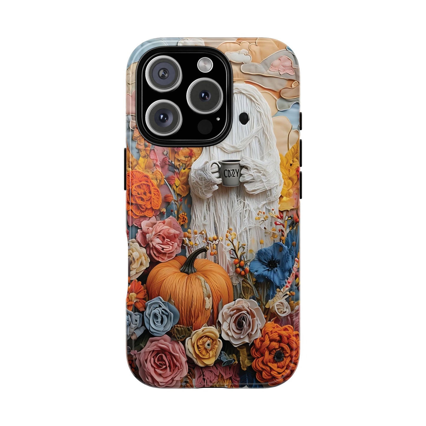Colorful Whimsical Artwork of Ghost in Autumn Scene phone case design.