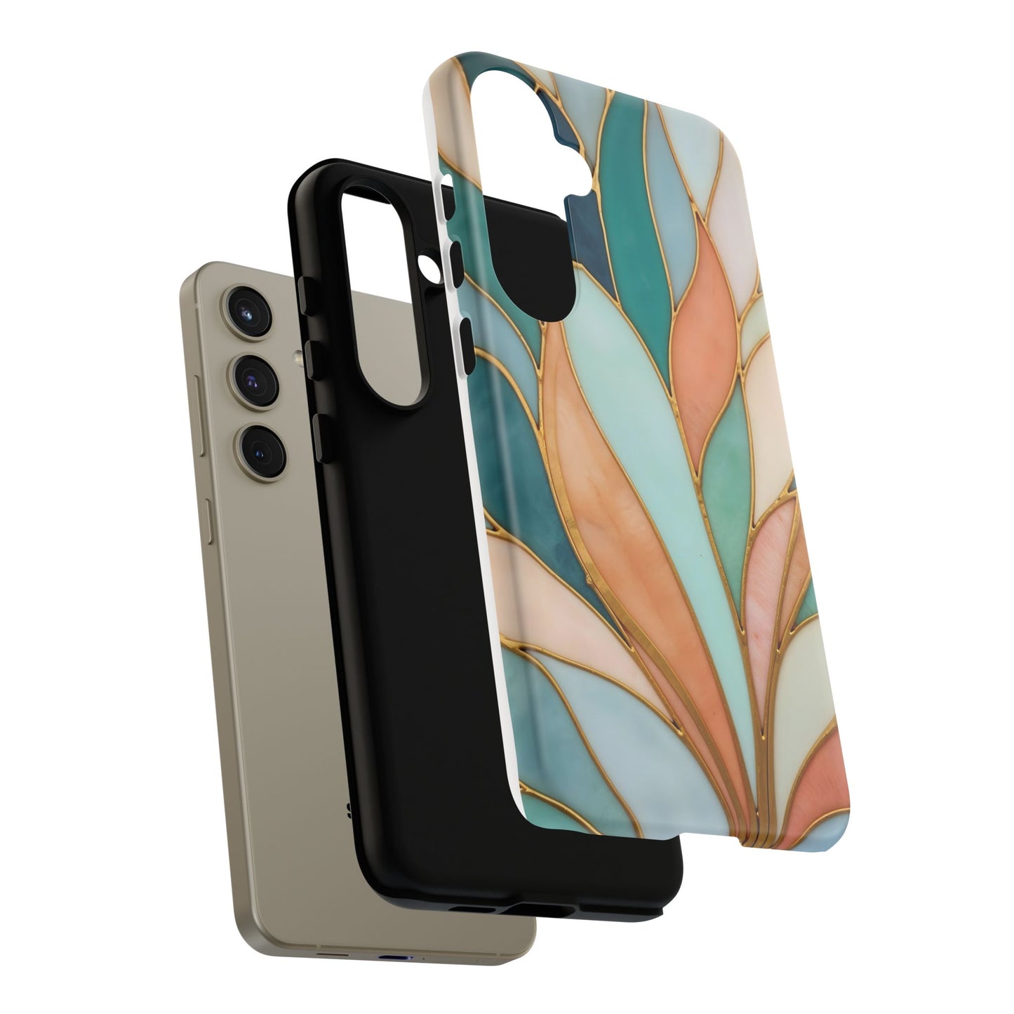 Geometric Leaves: Teal, Peach, and Gold Harmony