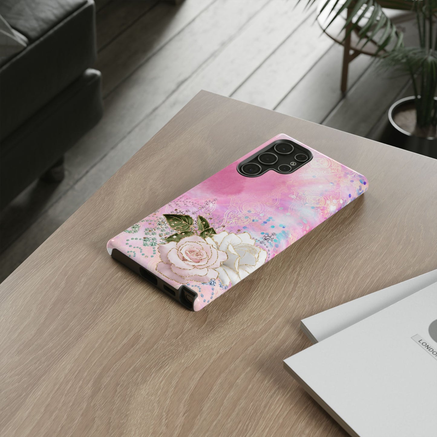 Luxury Pink & White Rose Glitter Mobile Case – Elegant & Shimmering Design