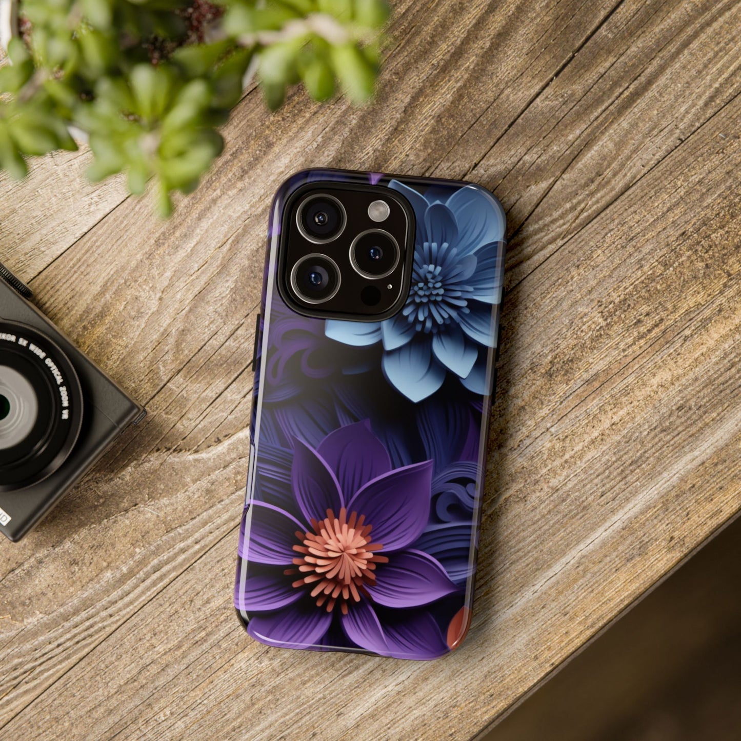 3D Floral Elegance Mobile Case – Midnight Blue & Purple Bloom
