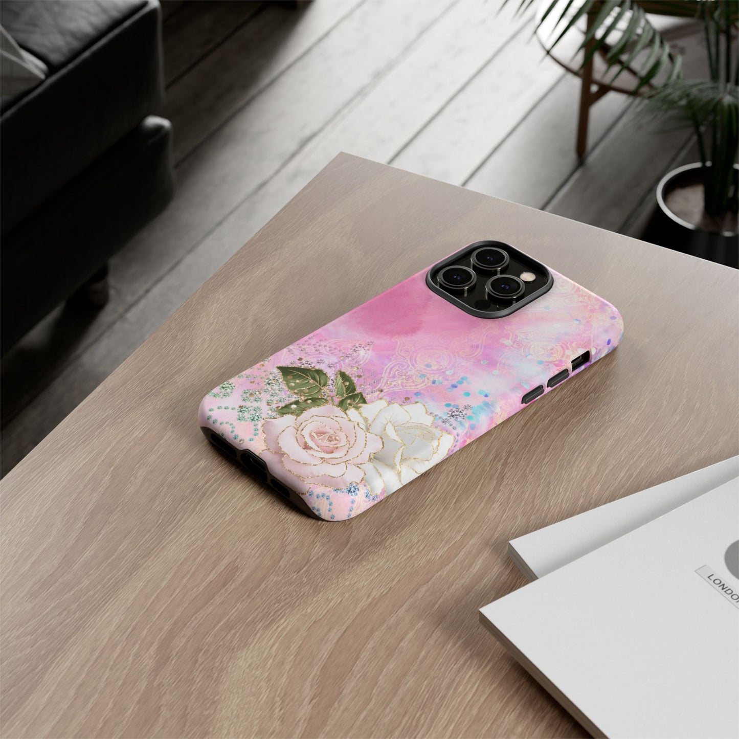 Luxury Pink & White Rose Glitter Mobile Case – Elegant & Shimmering Design