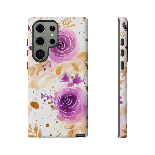 Purple Bloom Watercolor Mobile Case – Artistic Elegance in Gold & Lilac
