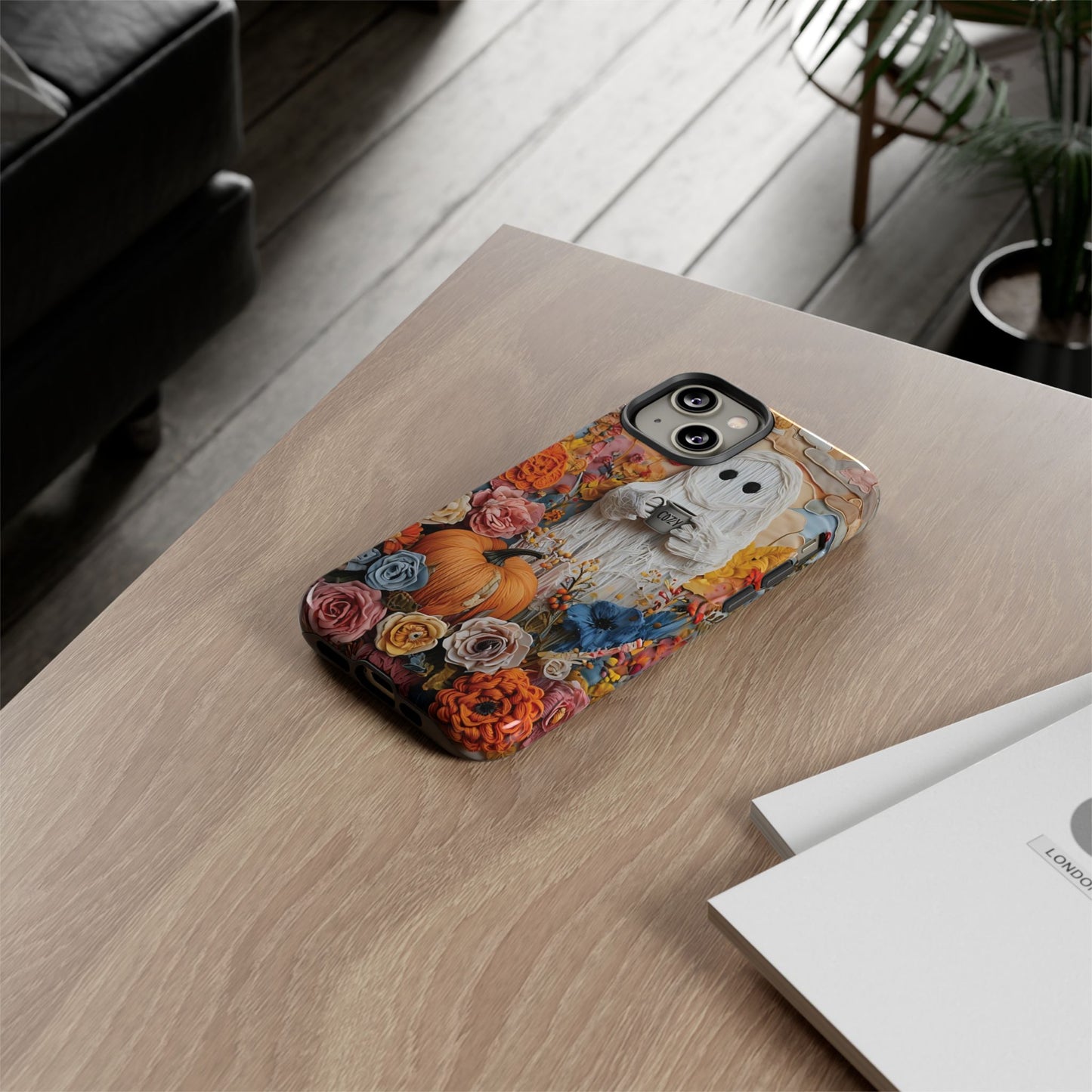 Colorful Whimsical Artwork of Ghost in Autumn Scene phone case design.