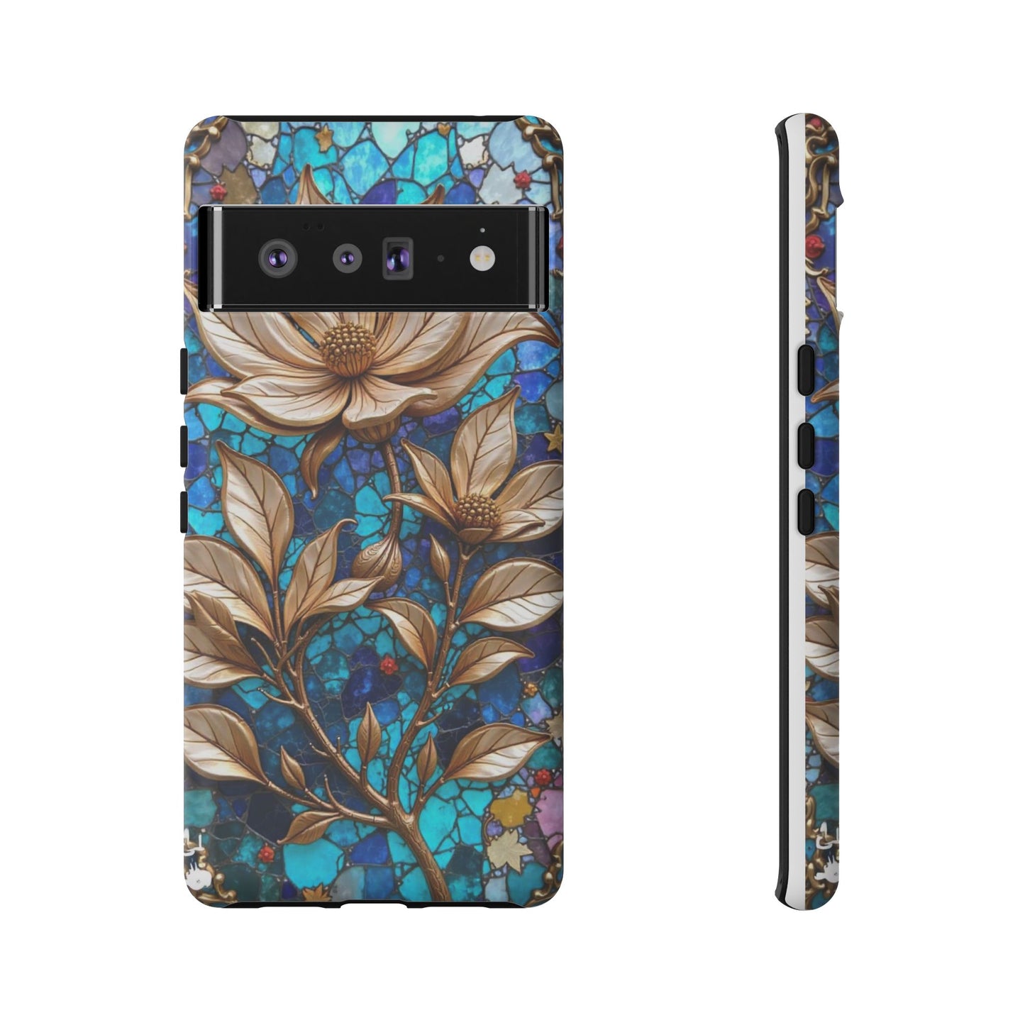 Golden Blossoms on Mosaic Blue Elegance