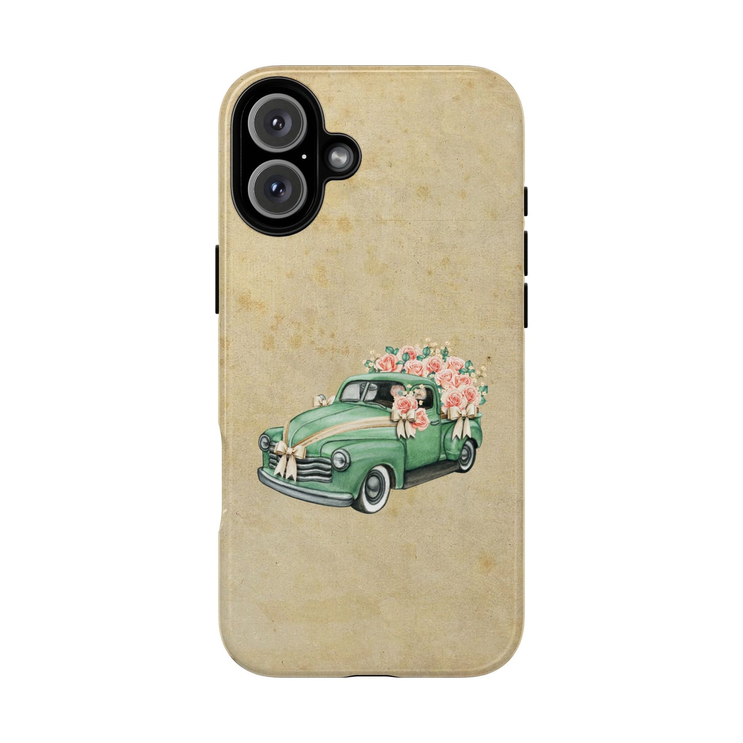 Minimal Vintage Floral Car Phone Case – Green Classic Car on Beige Background – for iPhone, Samsung & Google Pixel