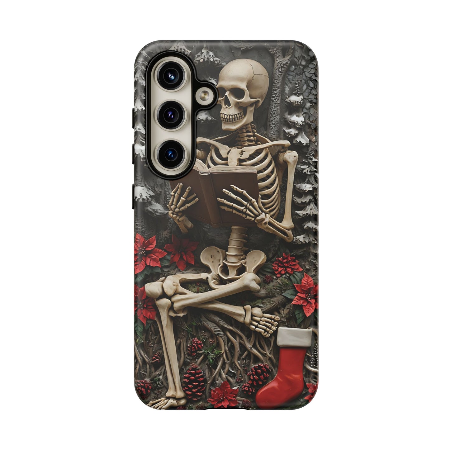 Surreal Relief Sculpture of Skeleton Reading Amidst Festive Decor phone case design
