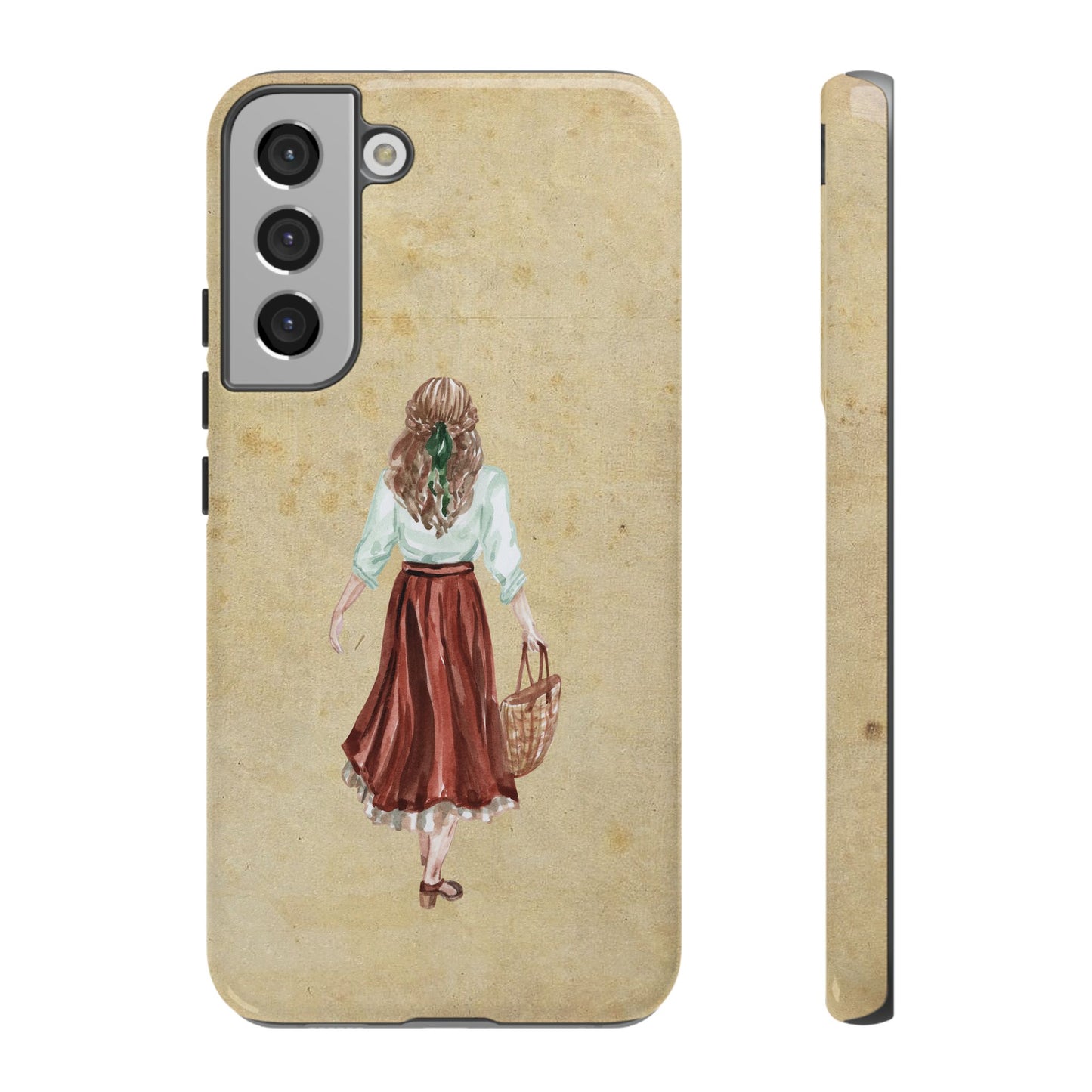 Minimal Vintage Girl with Bag Phone Case – Aesthetic Beige Design for iPhone, Samsung & Google Pixel