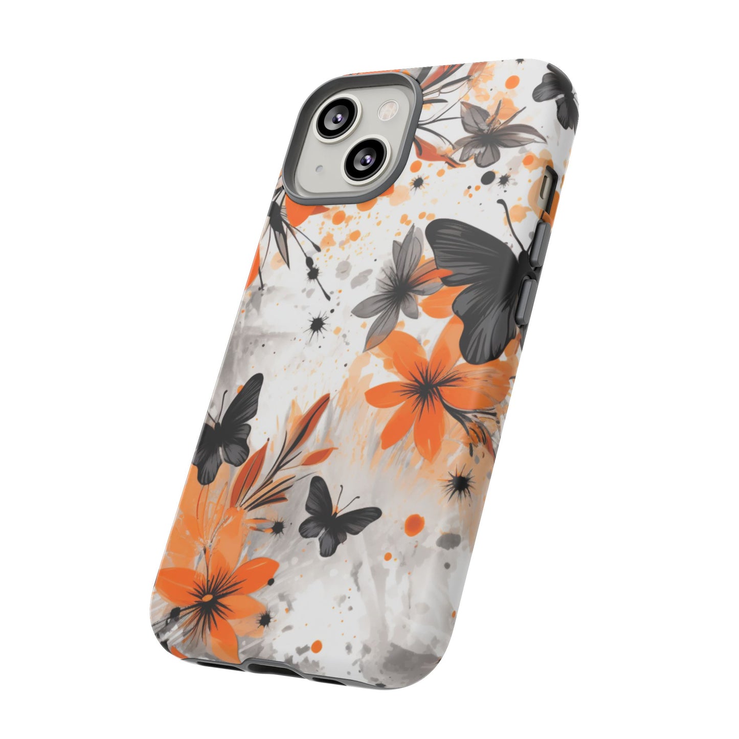 Bold Butterfly & Floral Splash Mobile Cover – Black & Orange Aesthetic