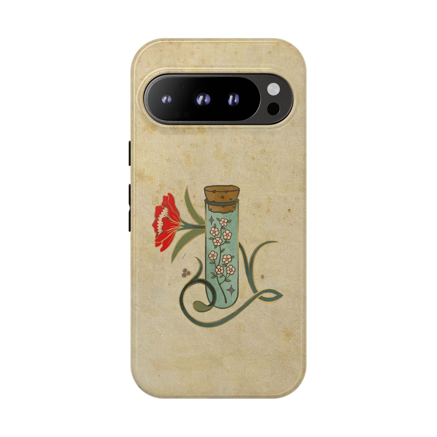 Vintage Floral Glass Tube Phone Case – Minimal Aesthetic, Beige Background (iPhone, Samsung, Pixel)