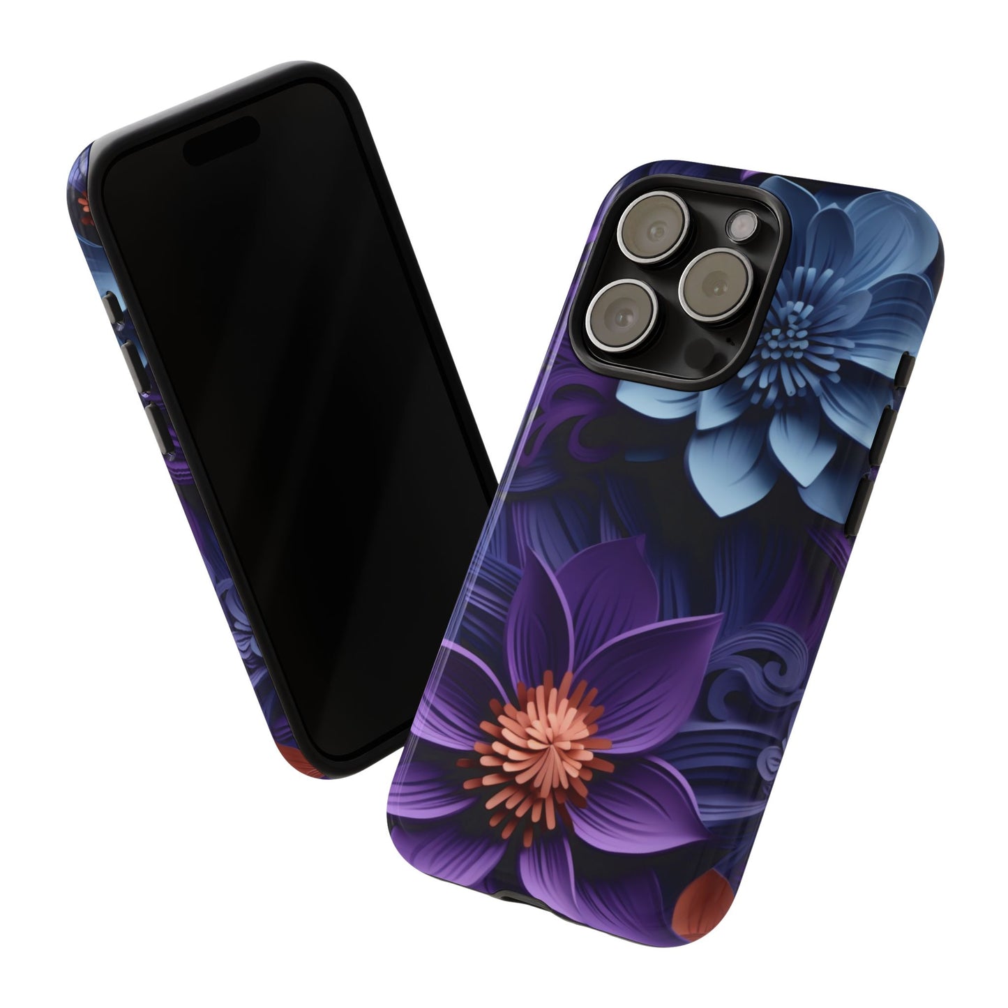 3D Floral Elegance Mobile Case – Midnight Blue & Purple Bloom