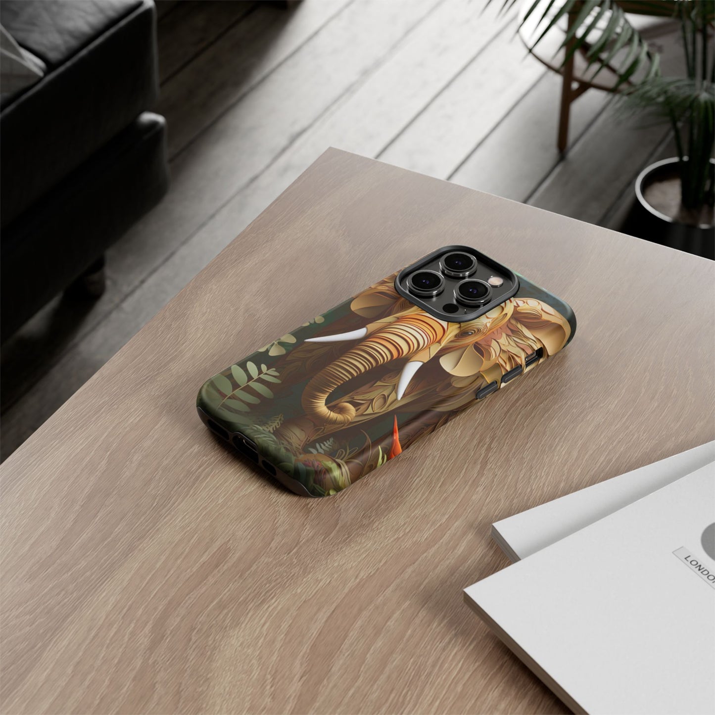 Golden Jungle Elephant Mobile Cover – Intricate Paper Art Design