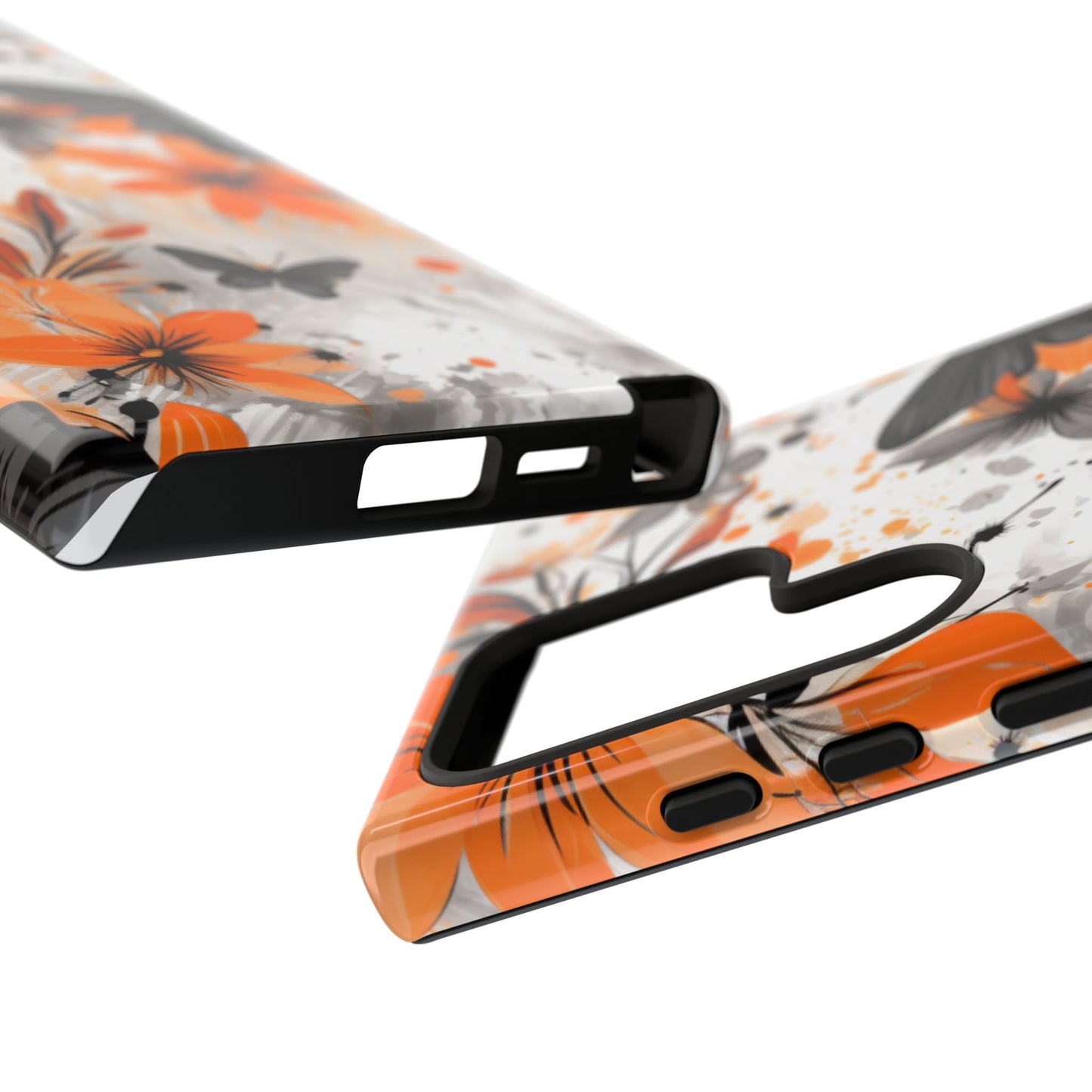 Bold Butterfly & Floral Splash Mobile Cover – Black & Orange Aesthetic