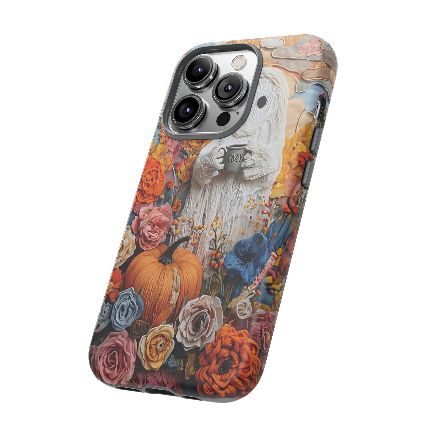 Colorful Whimsical Artwork of Ghost in Autumn Scene phone case design.