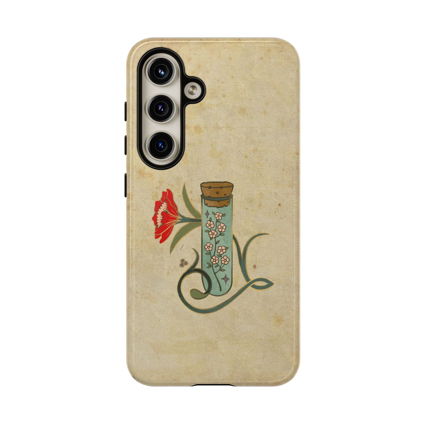 Vintage Floral Glass Tube Phone Case – Minimal Aesthetic, Beige Background (iPhone, Samsung, Pixel)