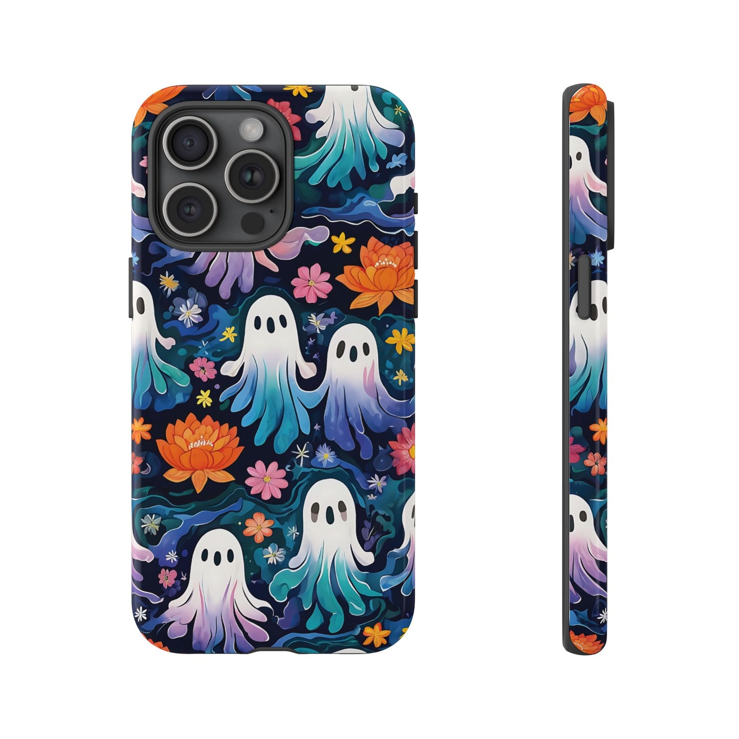 Whimsical Pattern Of Ghosts And Colorful Flowers phone case design.