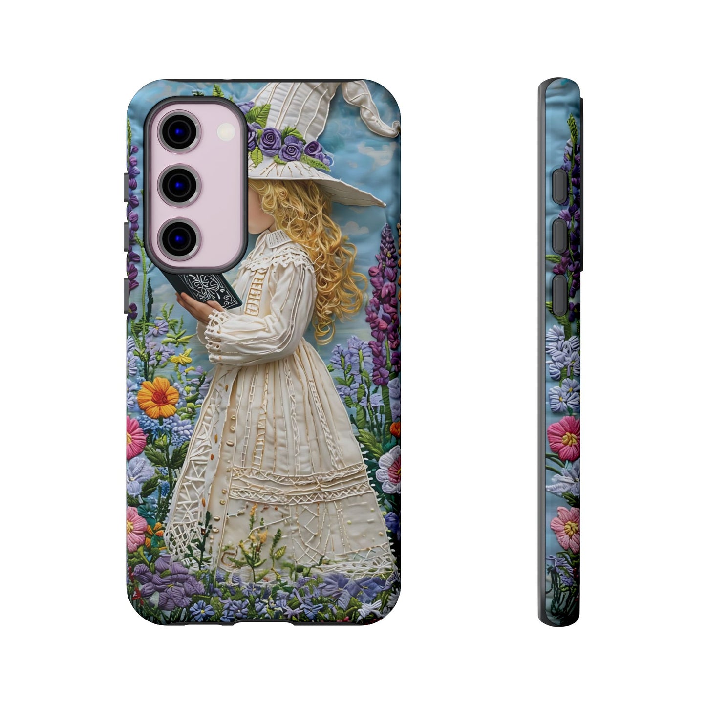 Whimsical Embroidery Of A Girl Reading In A Garden phone case design.
