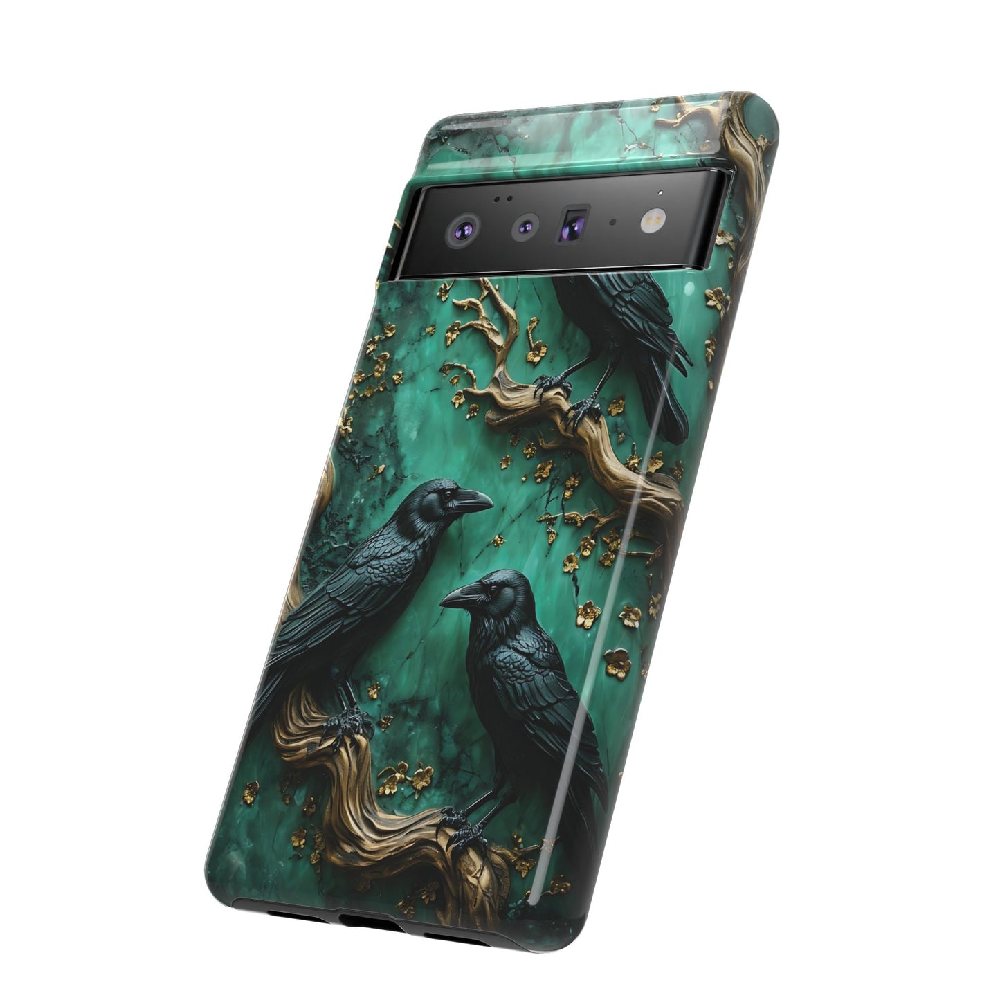 Three Black Ravens Perched On Gold-Accent Branches phone case design