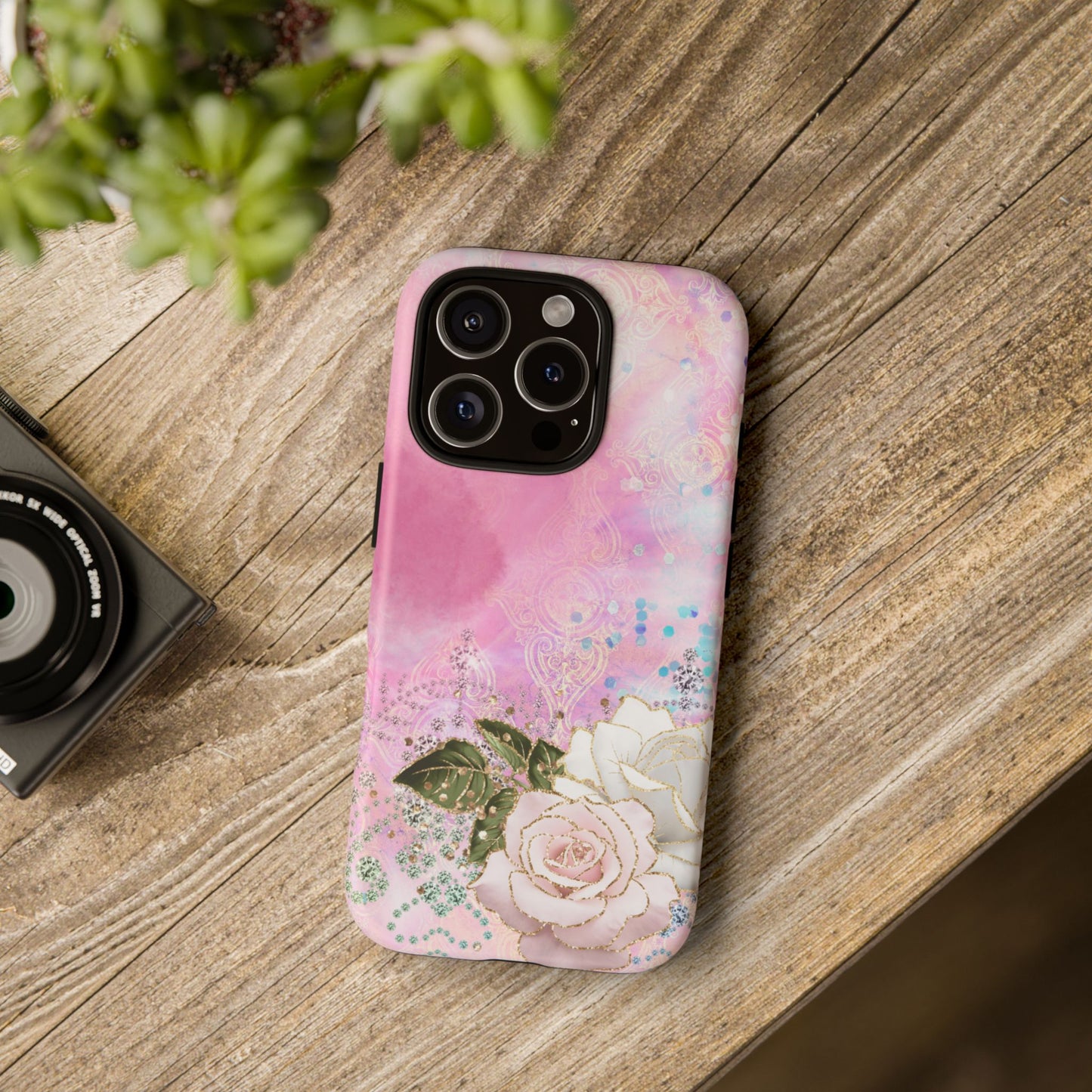 Luxury Pink & White Rose Glitter Mobile Case – Elegant & Shimmering Design