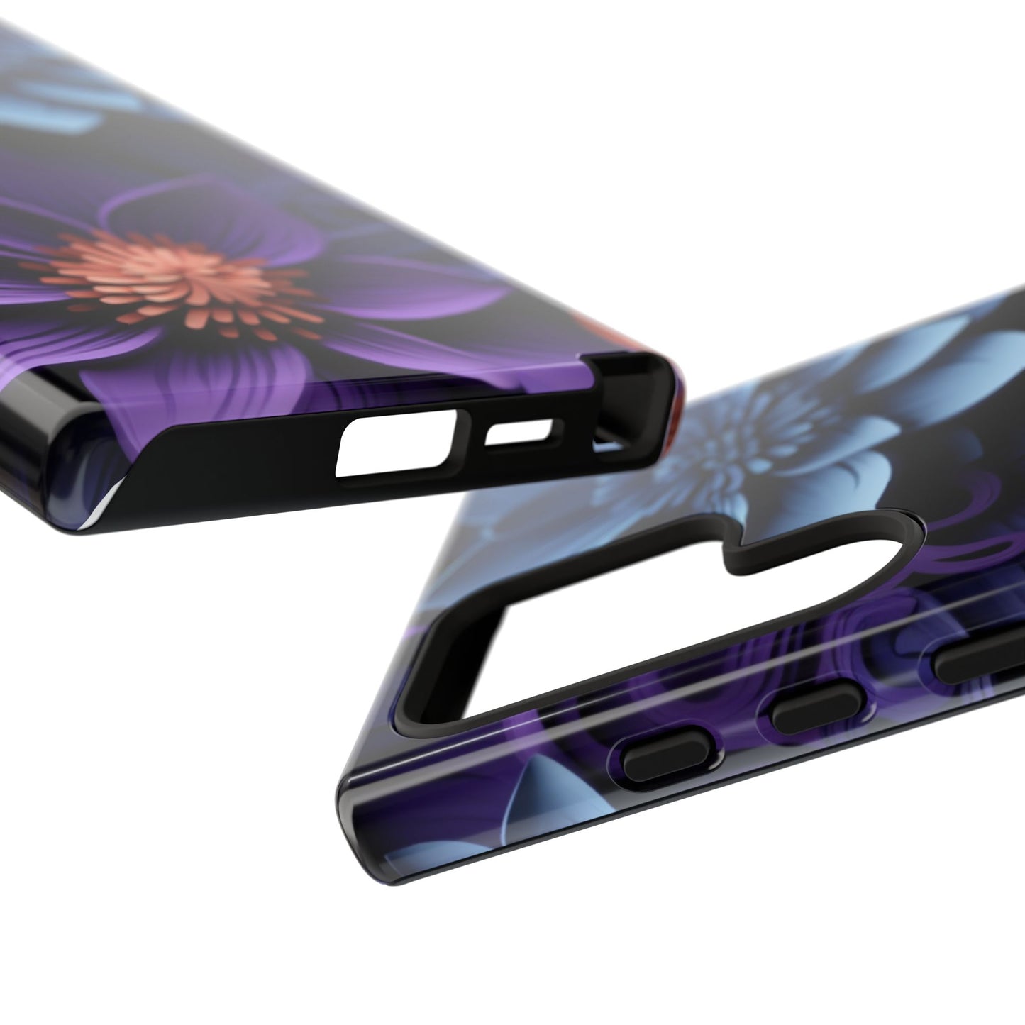 3D Floral Elegance Mobile Case – Midnight Blue & Purple Bloom