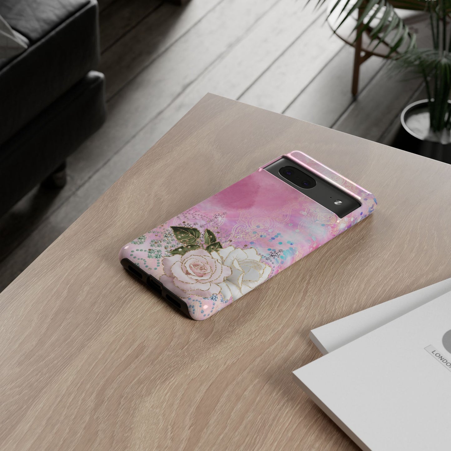 Luxury Pink & White Rose Glitter Mobile Case – Elegant & Shimmering Design