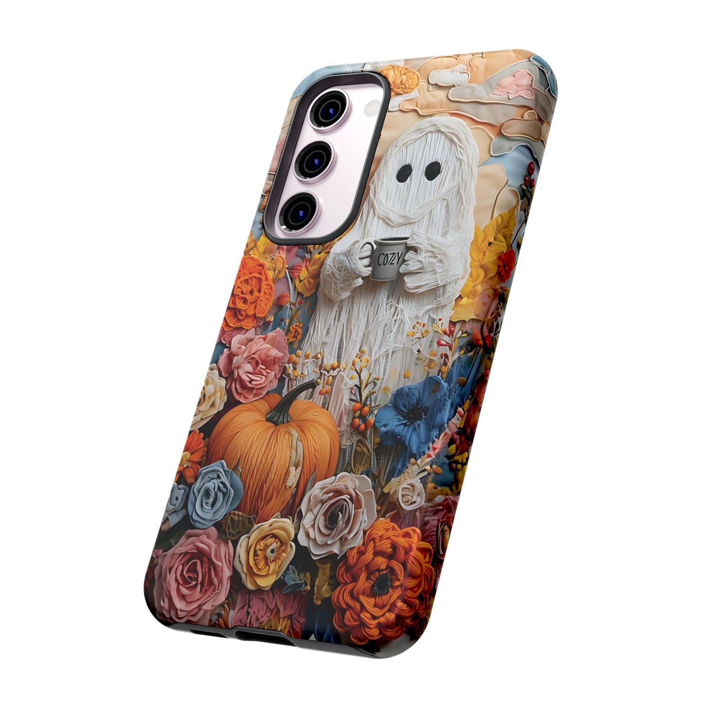 Colorful Whimsical Artwork of Ghost in Autumn Scene phone case design.