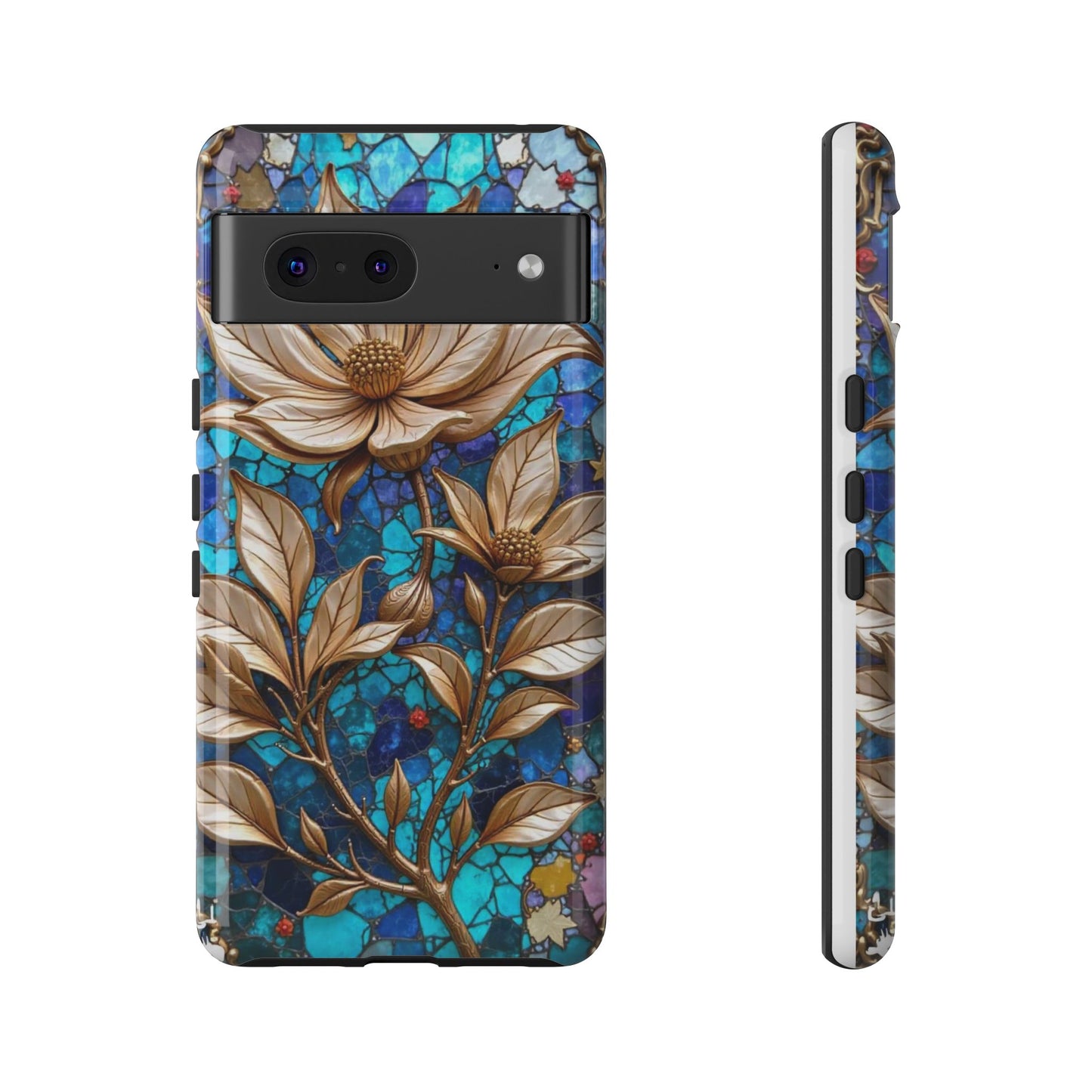 Golden Blossoms on Mosaic Blue Elegance