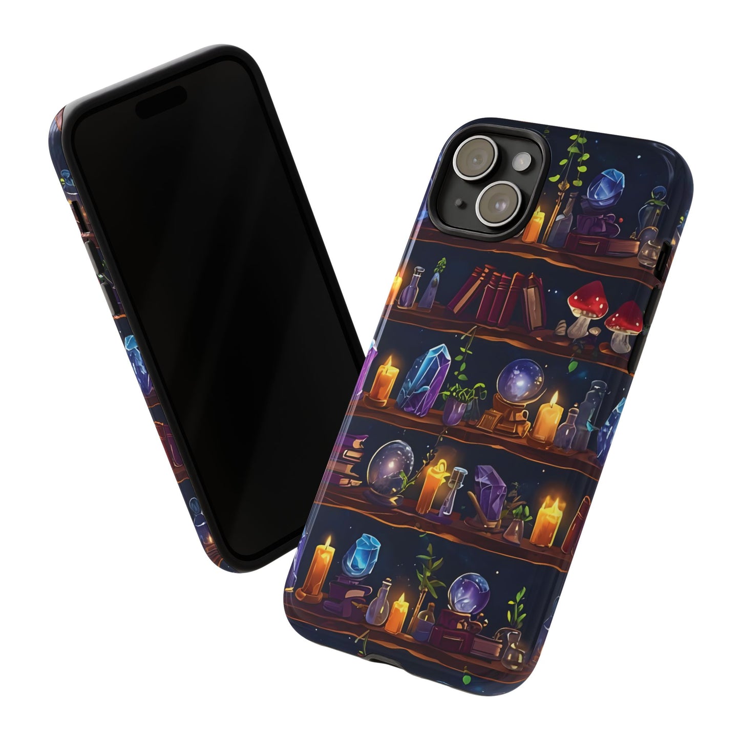 Fantasy Seamless Pattern Of Wooden Shelves Filled With Mystical Items phone case design.
