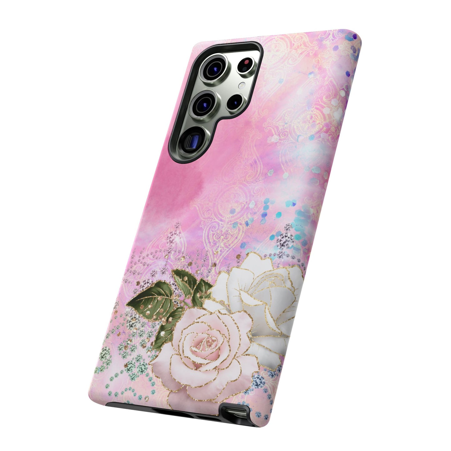 Luxury Pink & White Rose Glitter Mobile Case – Elegant & Shimmering Design