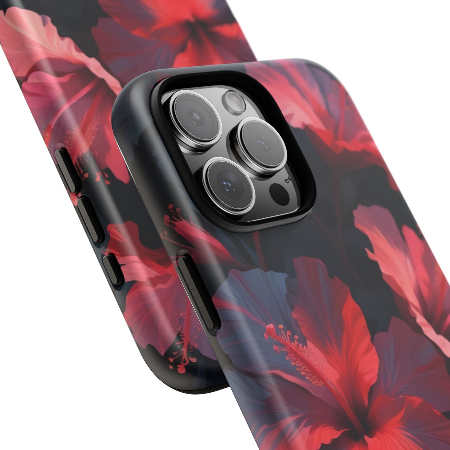 Vibrant red and pink hibiscus flowers blooming against a dark background| Floral phone case design