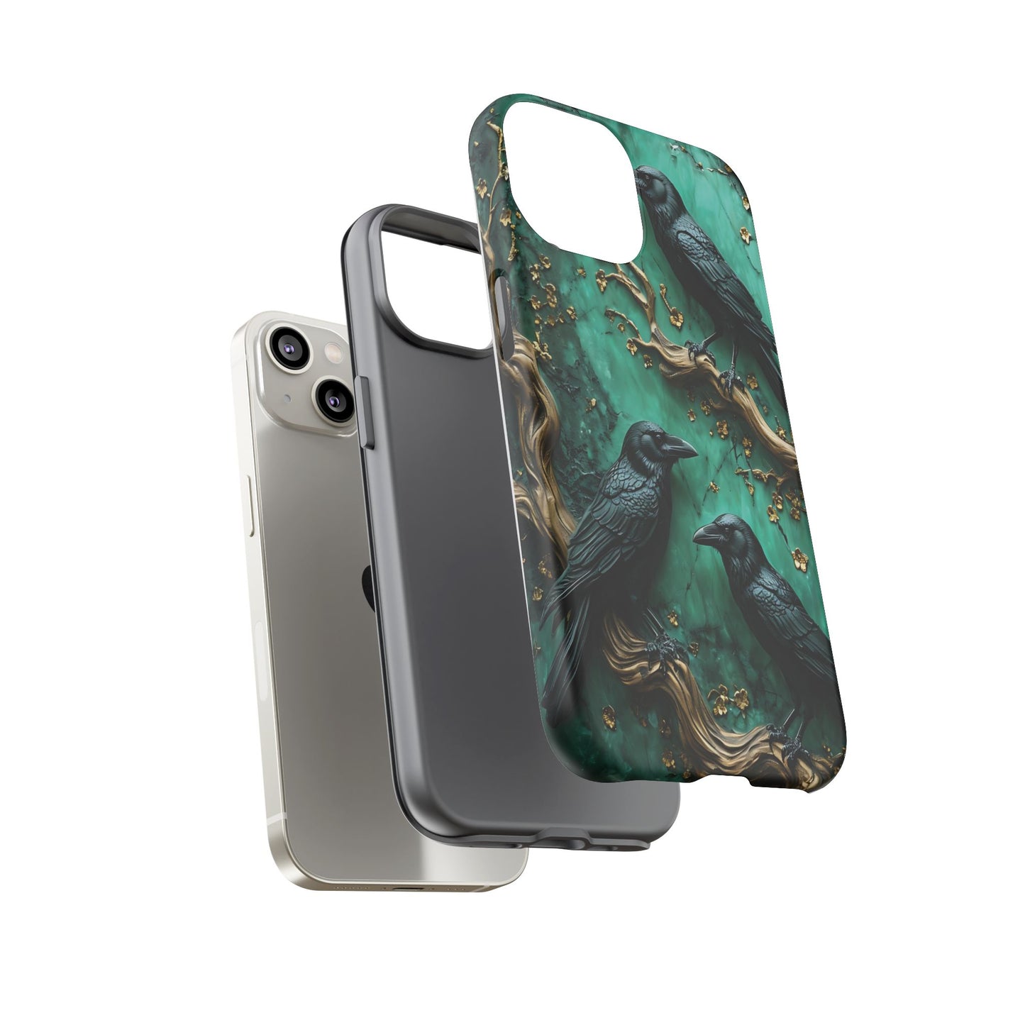 Three Black Ravens Perched On Gold-Accent Branches phone case design