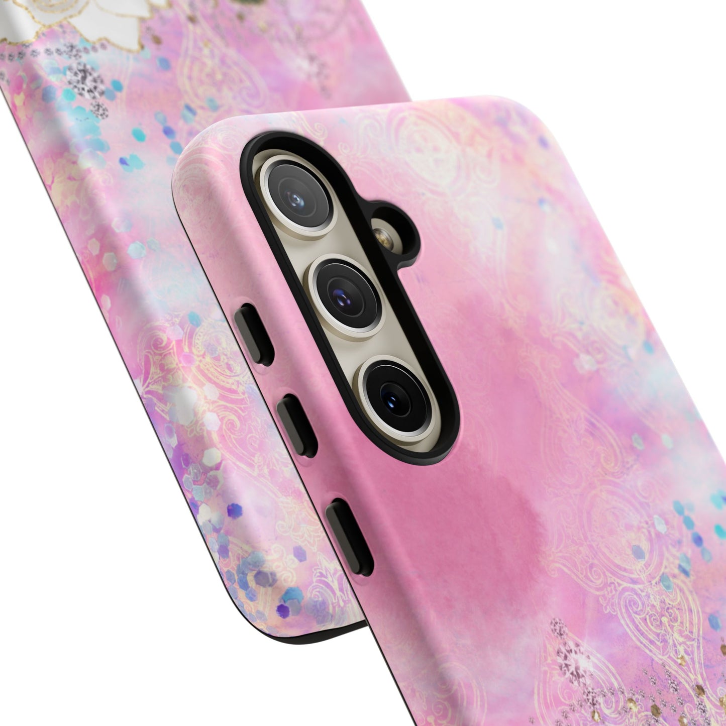 Luxury Pink & White Rose Glitter Mobile Case – Elegant & Shimmering Design
