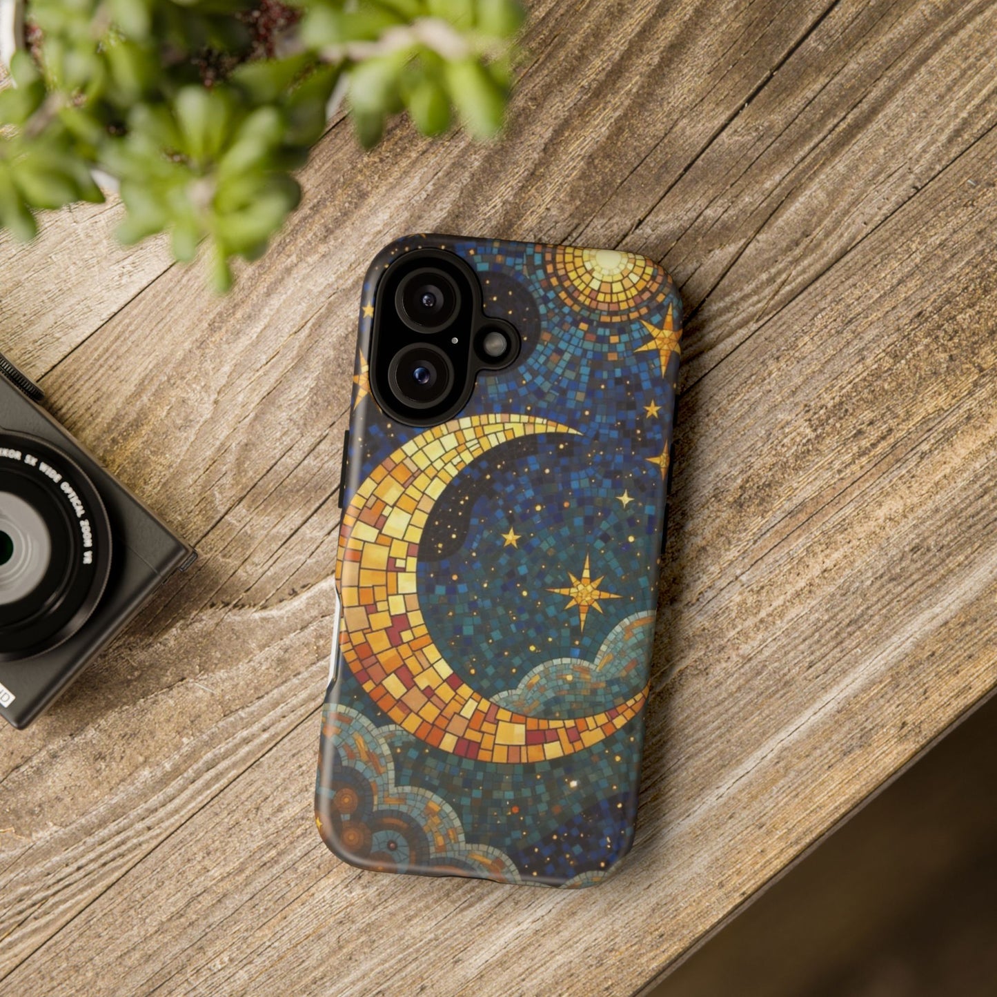 Golden Crescent: Mosaic Moon and Starry Night