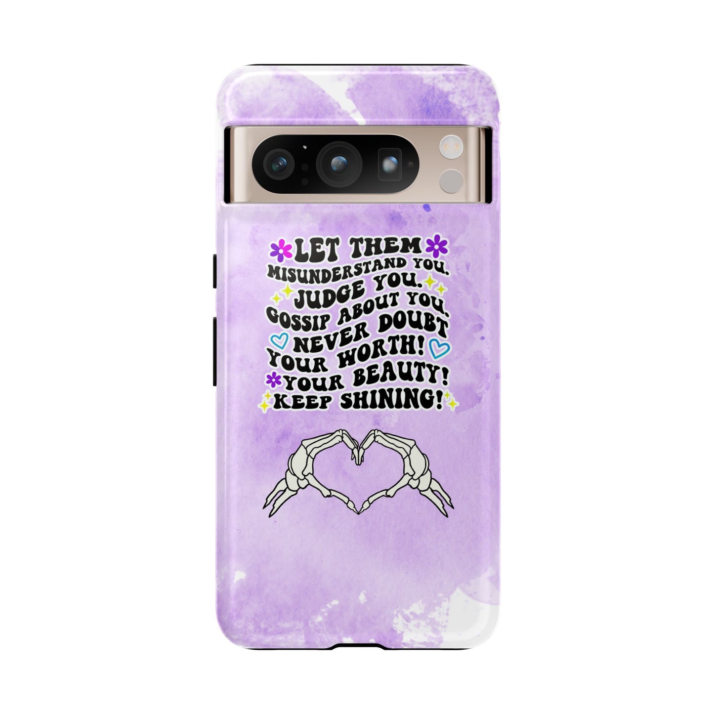 Skeleton Hand Heart Phone Case, Let Them Misunderstand You, Judge You, Gossip About You, Never Doubt Your Worth, Your Beauty Keep Shining Phone Case, Motivational Quote Cover for iPhone, Samsung & Google Pixel White Peach Checkered Pattern Phone Cover