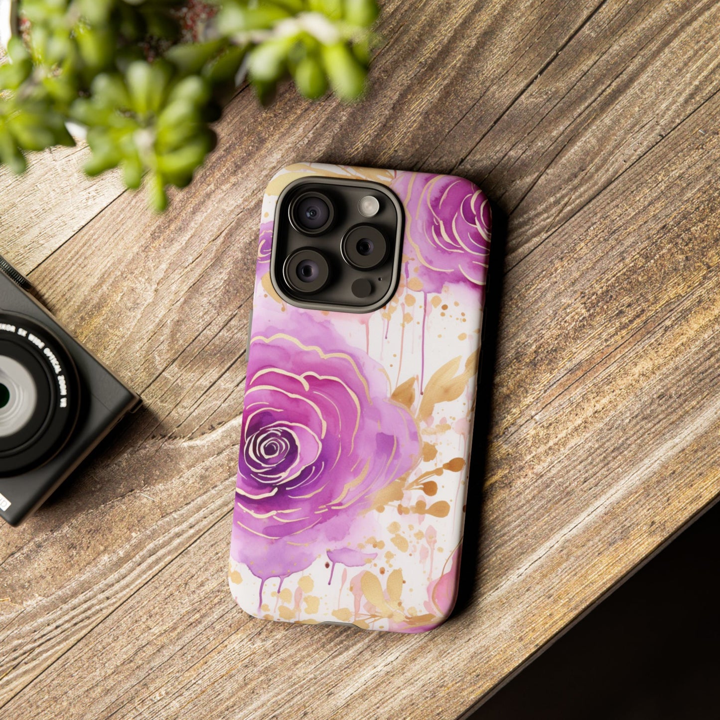 Elegant Purple-Gold Watercolor Rose Mobile Case