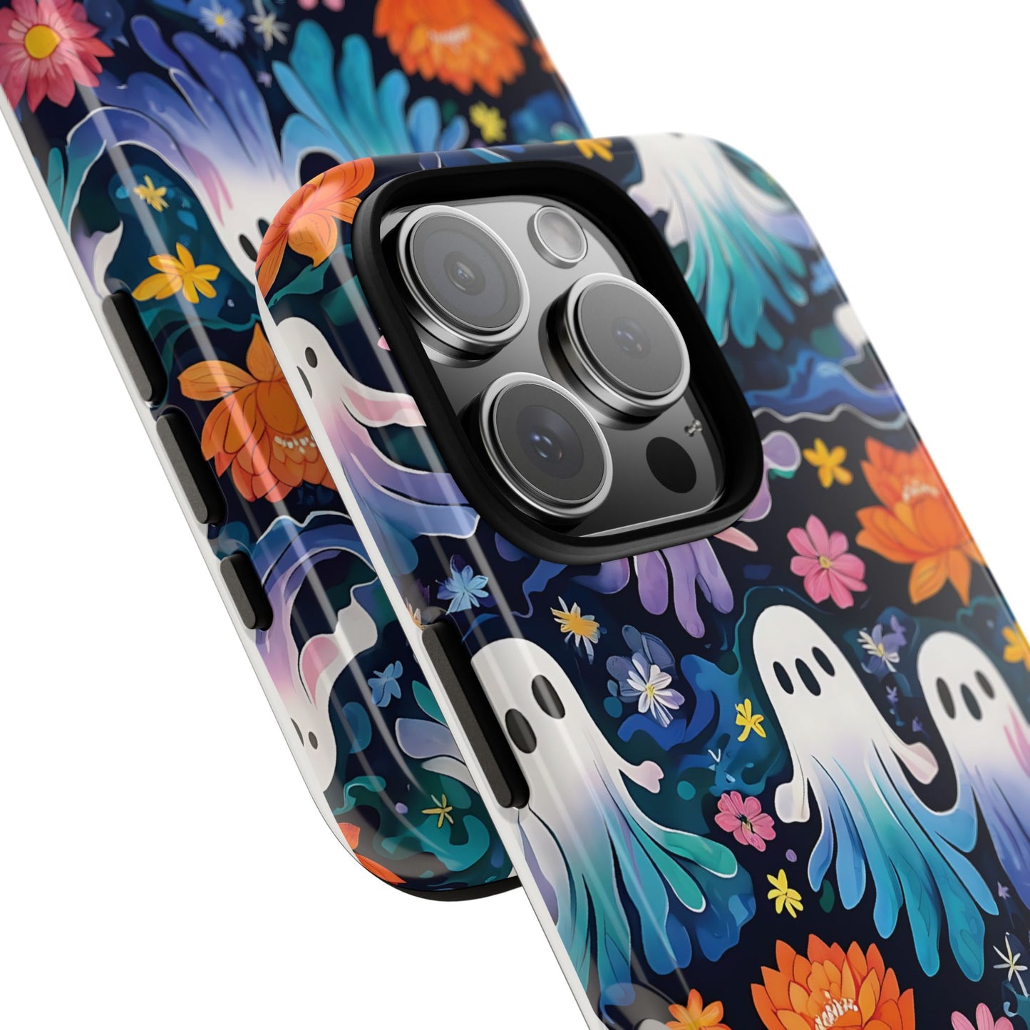 Whimsical Pattern Of Ghosts And Colorful Flowers phone case design.