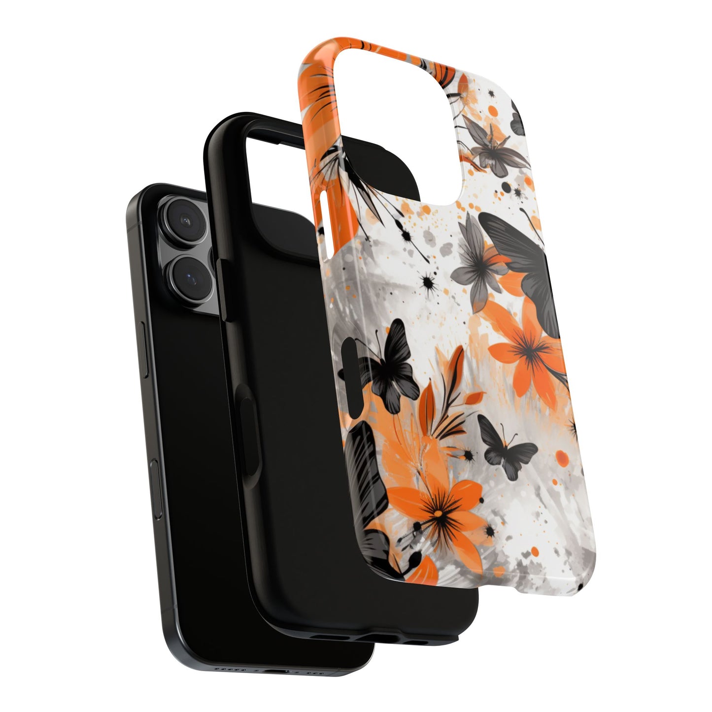 Bold Butterfly & Floral Splash Mobile Cover – Black & Orange Aesthetic