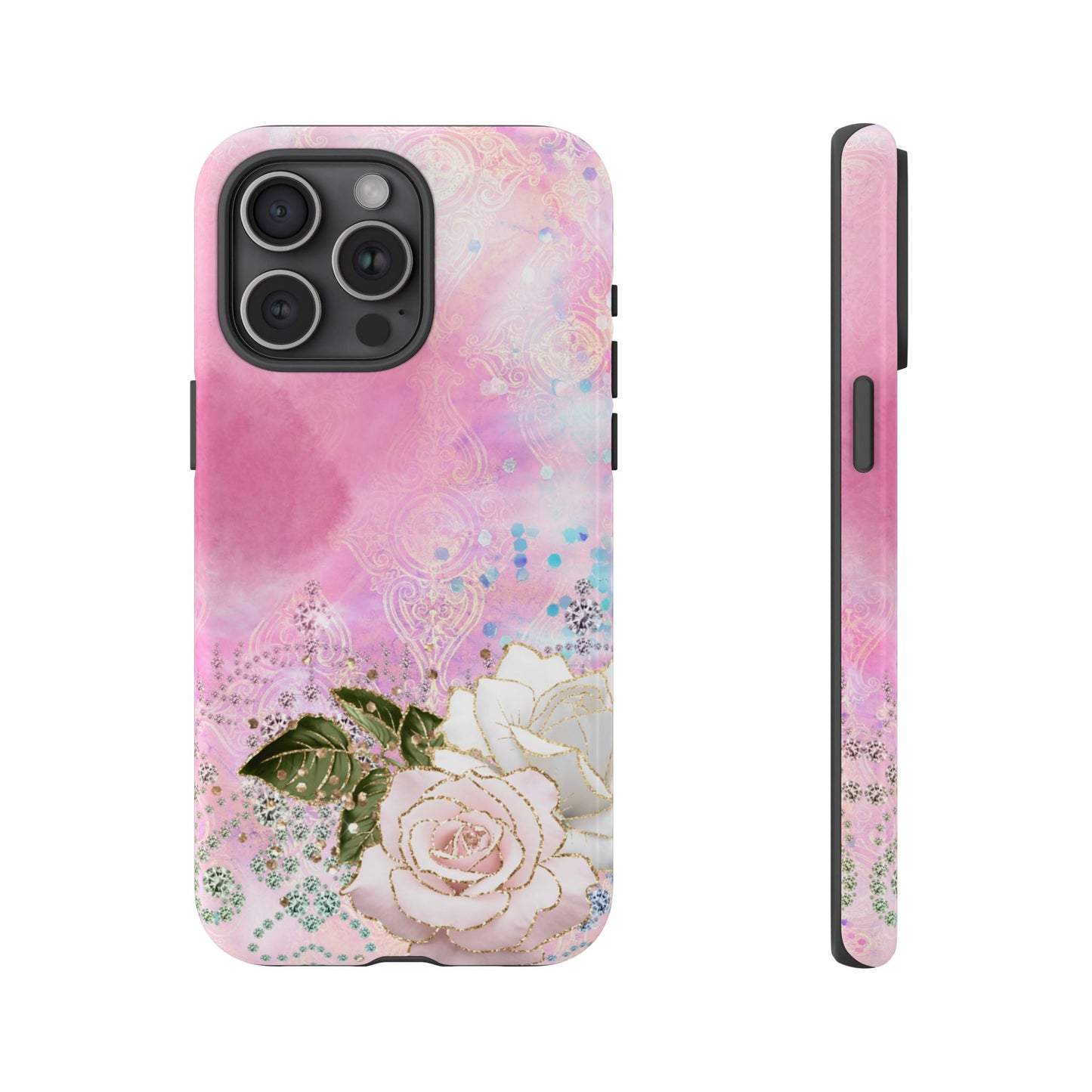 Luxury Pink & White Rose Glitter Mobile Case – Elegant & Shimmering Design