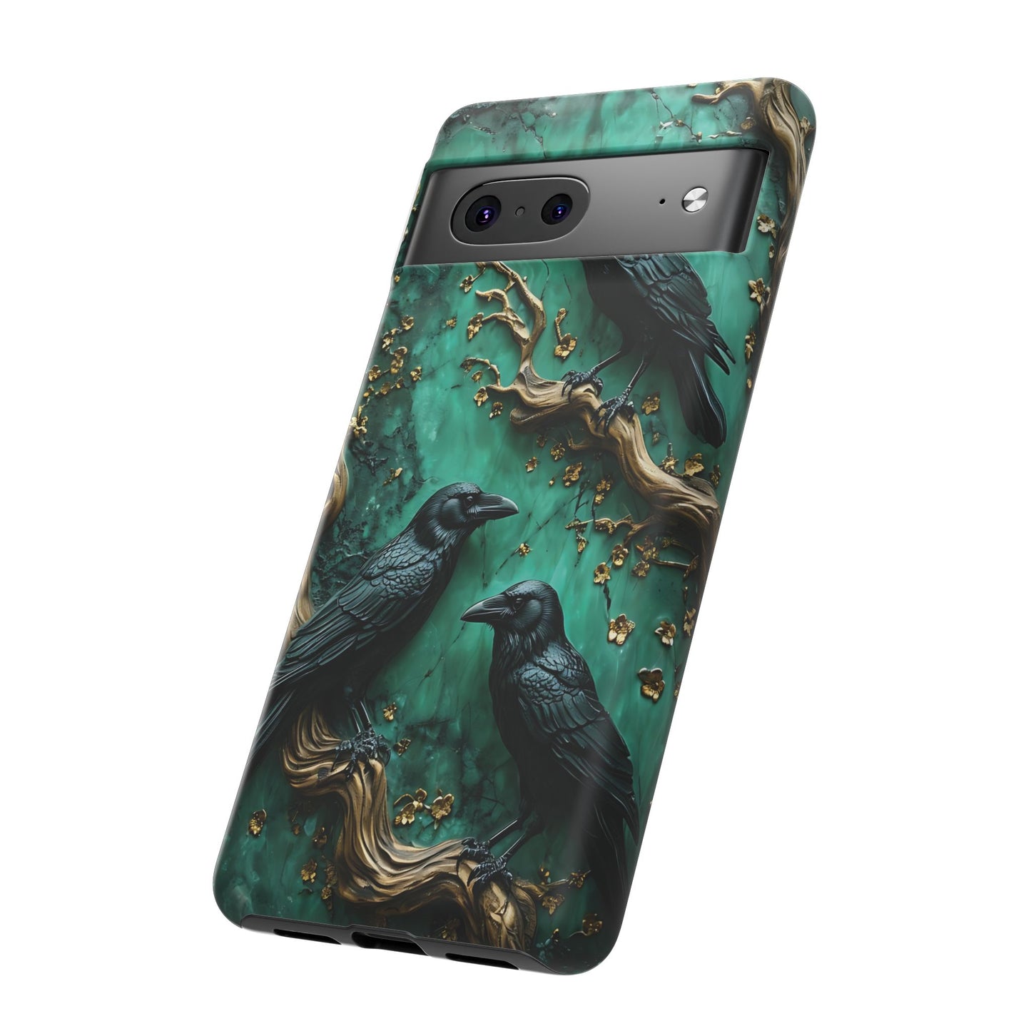 Three Black Ravens Perched On Gold-Accent Branches phone case design