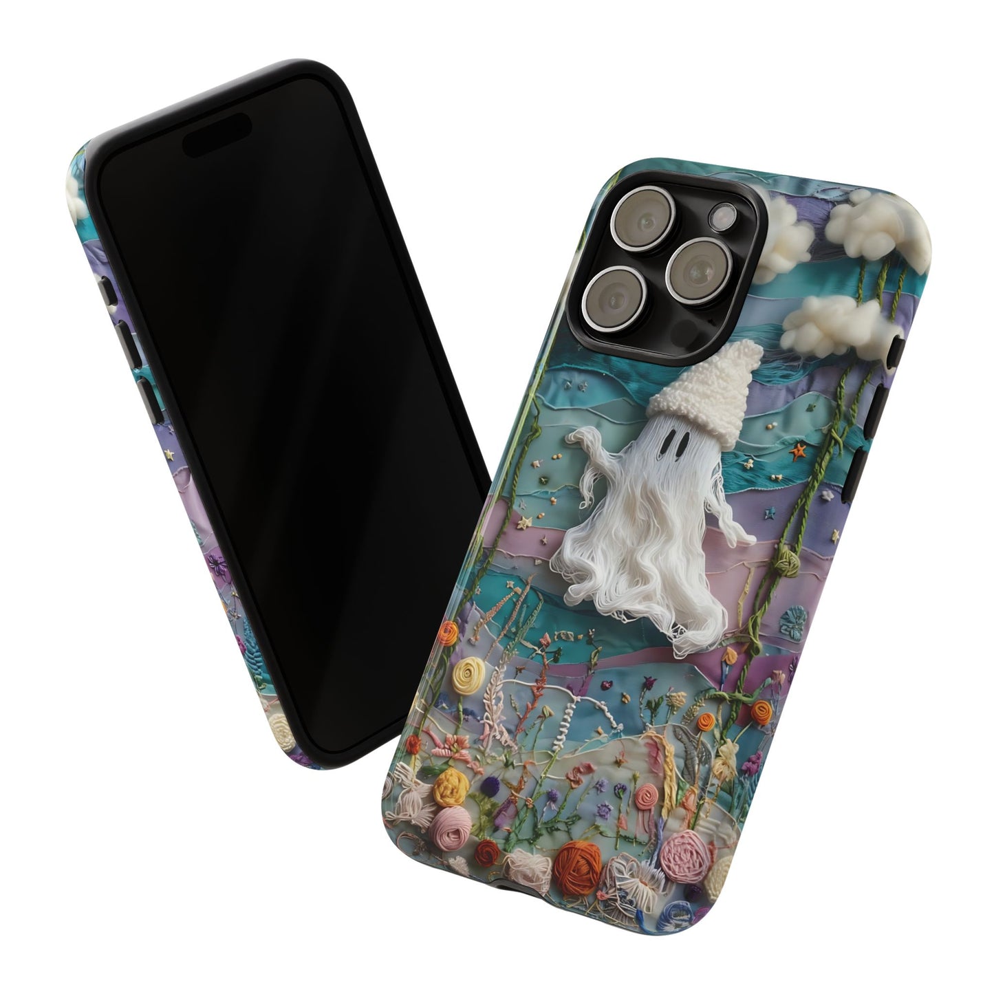 Whimsical Ghost Surrounded By Vibrant Embroidered Flowers phone case design.