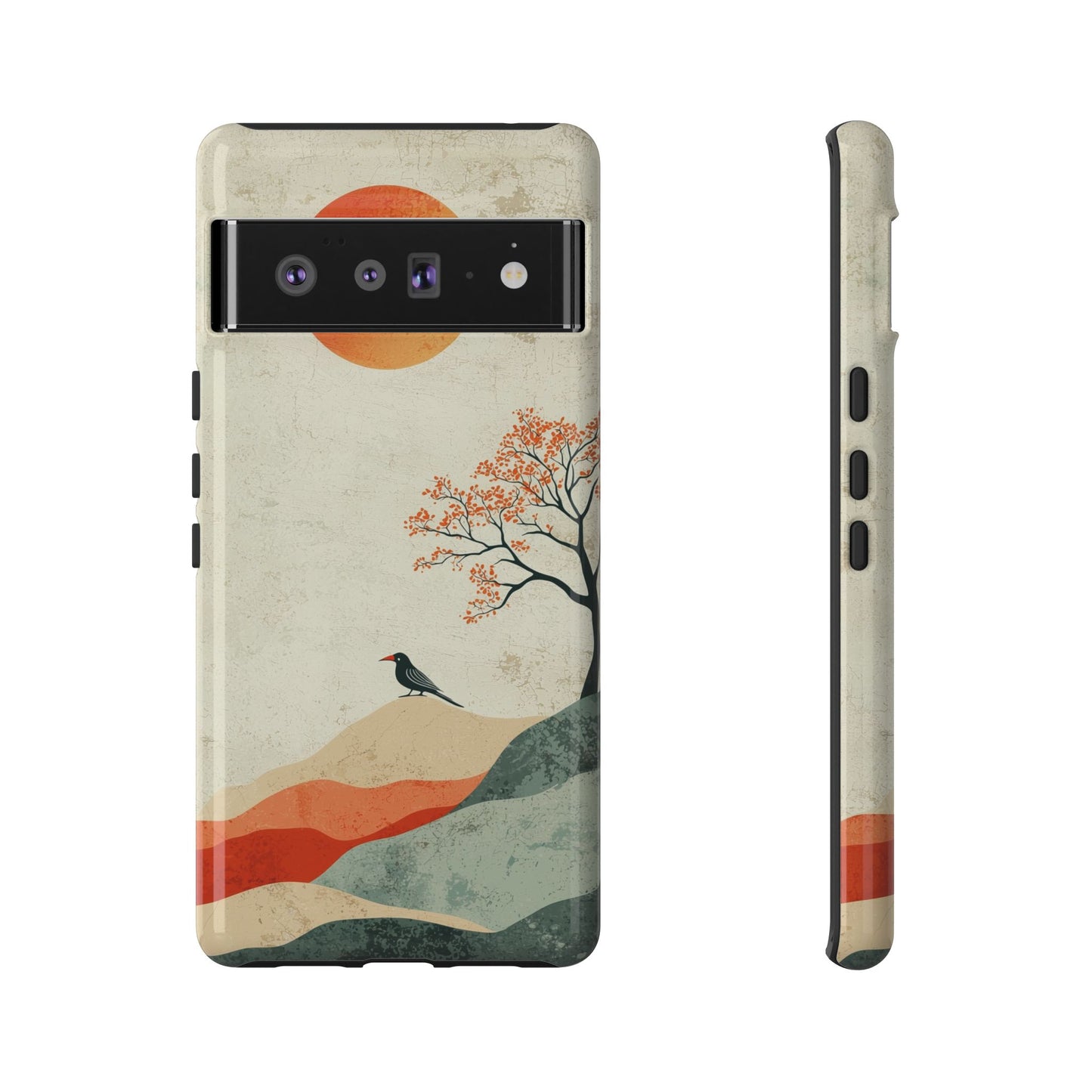 Crimson Solitude: A Minimalist Landscape Phone Case for iPhone, Samsung & Pixel