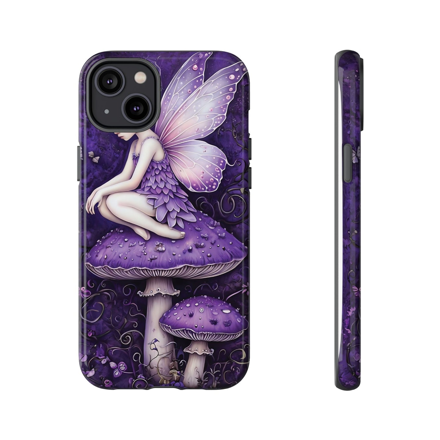 Whimsical Fairy Seated On Purple Mushroom In Enchanting Scene phone case design.