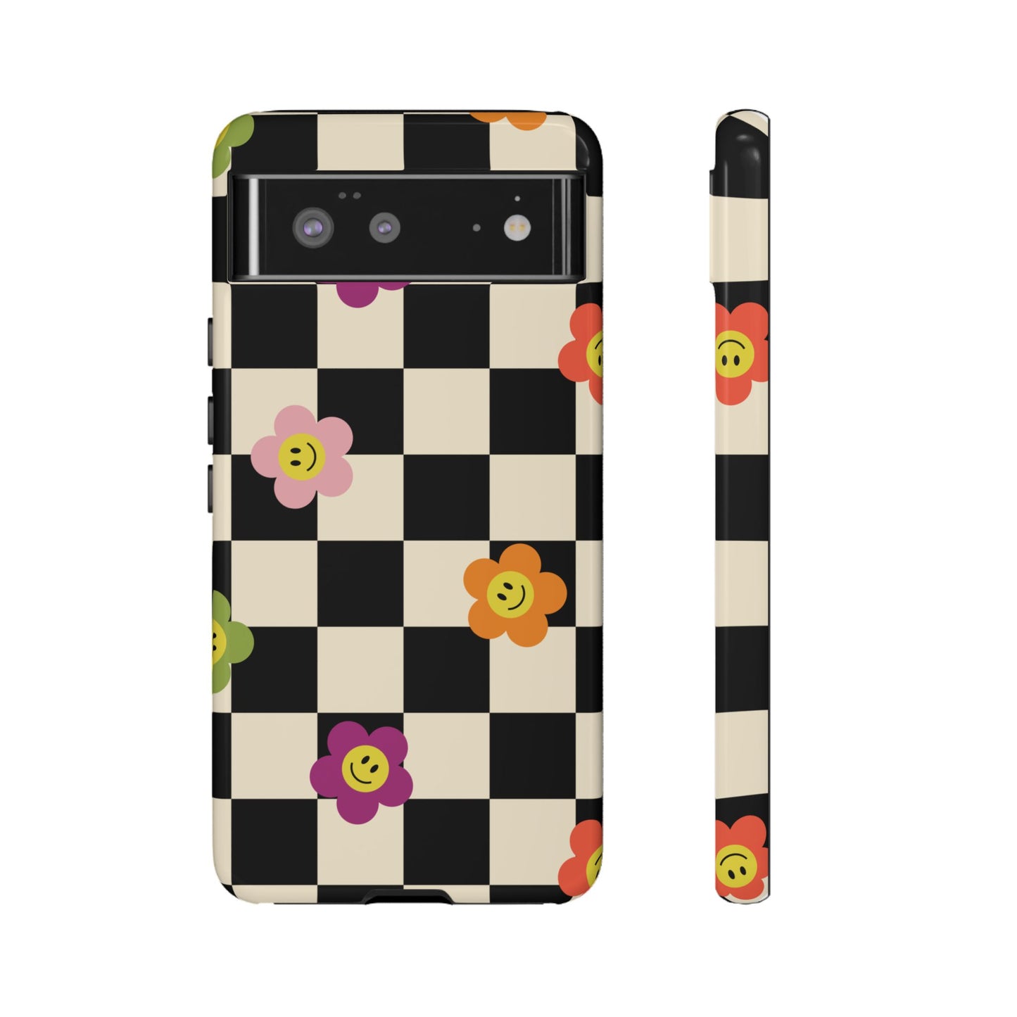 Retro Floral Phone Case – Vintage Flowers on Black & Beige Tiles, Chess Phone Case | For iPhone, Samsung & Google Pixel